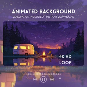 Puede incluir: Imagen de fondo animada con una serena escena nocturna: caravana, fogata y cielo estrellado. El texto superior dice «ANIMATED BACKGROUND» y «WALLPAPER INCLUDED - INSTANT DOWNLOAD». El texto inferior dice «4K HD LOOP».