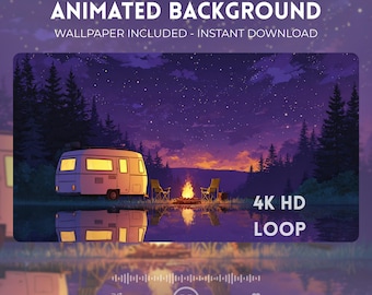 Animated Background Cozy Campfire, Caravan Lake Stars, LoFi Chill (Digital Download)
