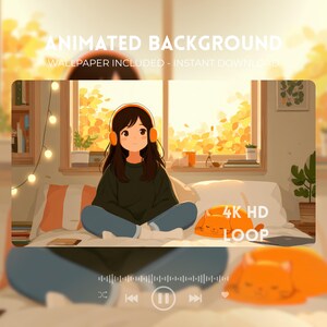 Puede incluir: Imagen de fondo animada con una chica de dibujos animados con auriculares, sentada en una cama. La escena incluye una ventana con follaje otoñal, una almohada con forma de gato y el texto "4K HD LOOP". También incluye el texto "ANIMATED BACKGROUND" y "WALLPAPER INCLUDED - INSTANT DOWNLOAD".