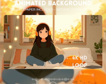 Könnte beinhalten: Animierter Hintergrund mit einem Cartoon-Mädchen mit Kopfhörern, das auf einem Bett sitzt. Die Szene zeigt ein Fenster mit Herbstlaub, ein katzenförmiges Kissen und den Text "4K HD LOOP". Der Text "ANIMATED BACKGROUND" und "WALLPAPER INCLUDED - INSTANT DOWNLOAD" ist ebenfalls enthalten.