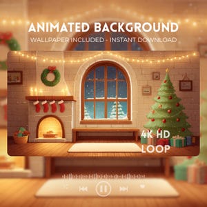 May include: Animated background image of a cozy Christmas scene. A fireplace with stockings, a Christmas tree, and a window overlooking a snowy landscape are featured. The text reads "Animated Background" and "Wallpaper Included - Instant Download."