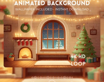 Animated Background Cozy Christmas Room, Fireplace & Snow, 4K Holiday Loop (Digital Download)