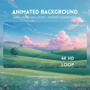 Könnte beinhalten: Ein animierter Hintergrund mit einer friedlichen Landschaft mit grünen Hügeln, Bäumen und einem lebendigen Himmel mit rosa Wolken. Text enthält "ANIMATED BACKGROUND" und "4K HD LOOP".