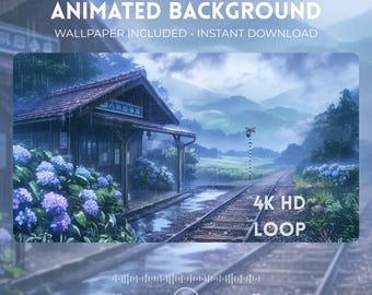 Animowane tło: Deszczowy dworzec kolejowy, tapeta LoFi Anime (pobieranie cyfrowe)