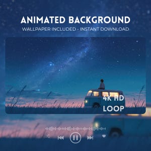 Può includere: Immagine di sfondo animata con un cielo stellato e un furgone blu con una persona sopra. Il testo "ANIMATED BACKGROUND" e "WALLPAPER INCLUDED - INSTANT DOWNLOAD" sono visualizzati in alto. L'immagine include anche il testo "4K HD LOOP".