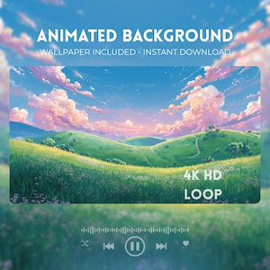 Puede incluir: Imagen de fondo animada que presenta un paisaje sereno con colinas verdes onduladas, un camino sinuoso y un cielo azul vibrante lleno de nubes rosas y blancas. El texto dice "ANIMATED BACKGROUND" y "4K HD LOOP".