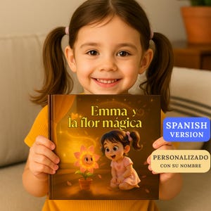 May include: A young girl holds a children's book titled "Emma y la flor mágica" with a cartoon illustration of a girl and a smiling flower. The book cover has a brown background with gold accents and the text "Spanish Version" and "Personalized with your name".