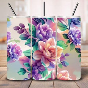 花柄タンブラーラップ PNG | カラフルなシームレスフラワーデザイン | 20オンス スキニータンブラー デジタルダウンロード（昇華転写クラフト用）