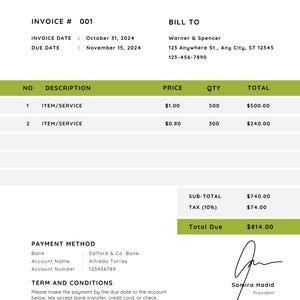 May include: A business invoice with a green and white design. The document includes the company name, invoice details, itemized services, and payment information. The total due is £814.00.