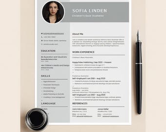 Może przedstawiać: Edytowalny szablon CV w formacie PDF z nazwiskiem Sofia Linden, ilustratorki książek dla dzieci. CV zawiera sekcje dotyczące wykształcenia, umiejętności i doświadczenia zawodowego. Widoczne są również czarne pióro wieczne i kałamarz.