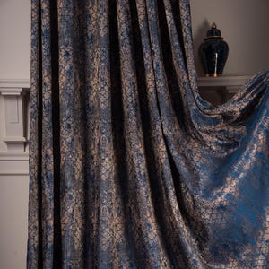 Marineblauwe en gouden minimalistische damastpatroongordijnen, extra breed gordijnenpaneel, aangepaste gordijnen voor slaapkamer, +10 verschillende kleuropties