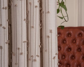 Cream White Beige Puffy Linen Curtain, Beige & White Bohemian Panel