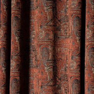 May include: Close-up of a patterned curtain with a repeating architectural design. The fabric features a distressed look with shades of red, grey, and brown. The design includes arches, columns, and other classical elements.