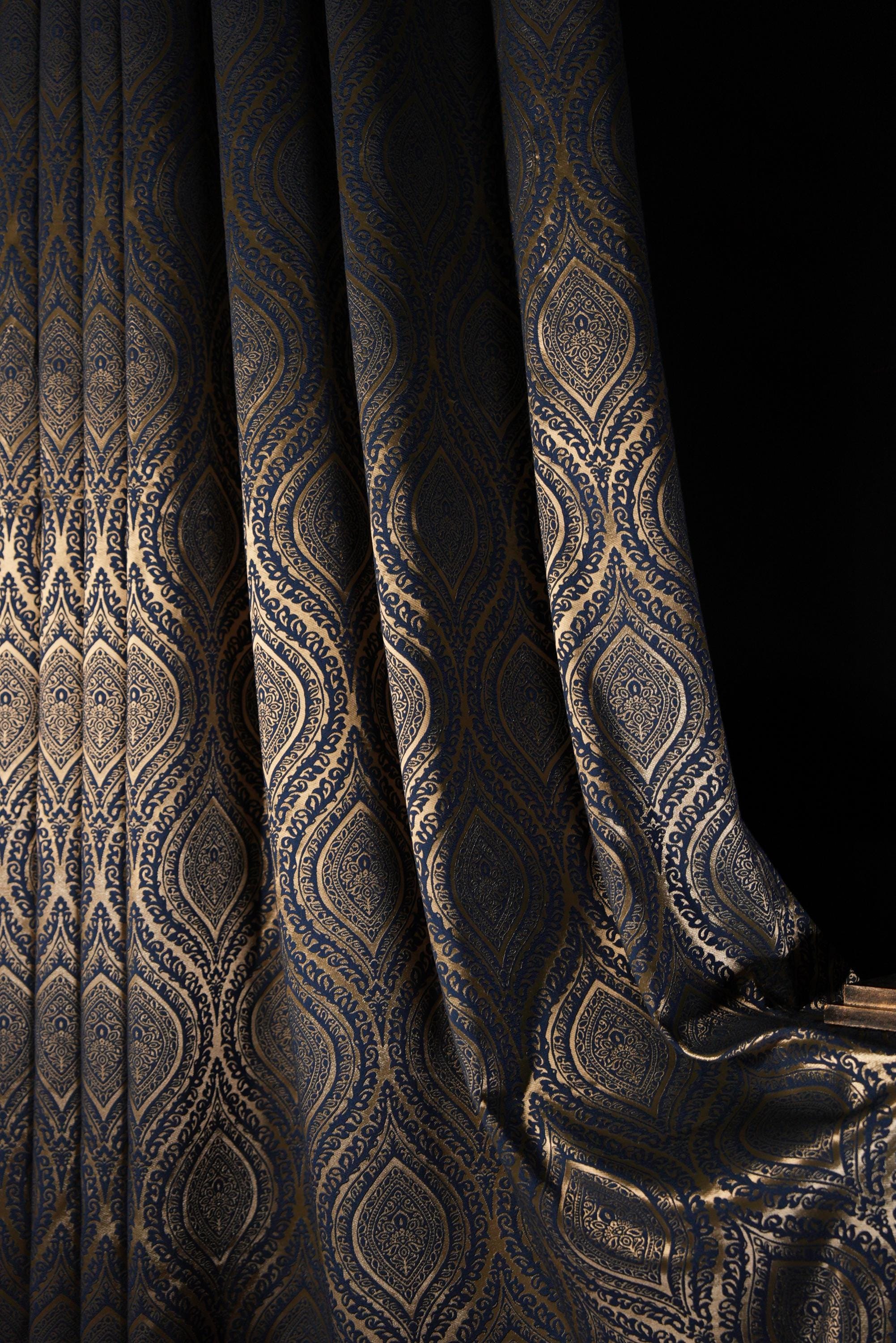 Luxury Navy Blue Gold Damask Patterned Curtains for Living Room, Custom
