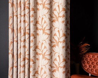Terracotta Leaf Pattern Linen Curtains For Livingroom, Custom Size Options, Natural Curtains Fabric, Soft Curtains, Beige Orange  Curtains
