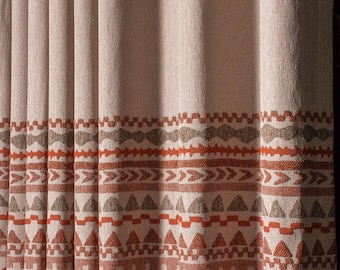 Tende in damasco di lino con motivi ricamati in terracotta, tende beige, pannelli extra larghi per soggiorno, tende bohémien, tessuto boho