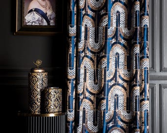 Art Deco Sateen Curtain Panel, Navy Bronze Geometric Pattern Curtains For Bedroom, Luxury Drapes For Modern House