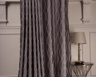 Gray Geometric Art Deco Sateen Curtain Panel, Custom Size, Luxury Maximalist Jacquard Curtain Panel For Living Room, Gray Black Cream Beige