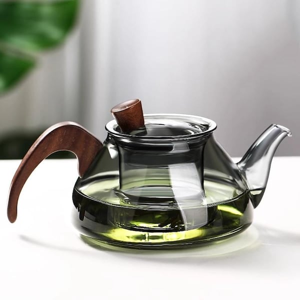 Glas-Teekanne | Hochtemperaturbeständige Teekanne | Tee und Wasser Trennung Teesieb|Holzgriff Teekanne|Blumen Teekanne mit Filtereinsatz