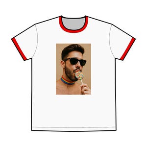 T-Shirt, Sexy LGBTQ Tee, Spicy Gay Pride Ringer Shirt, Men&#39;s Fashion Top, LGBT Rainbow Clothing, Pride Parade Apparel