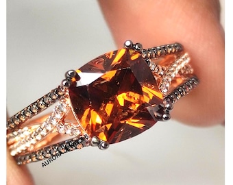 Cushion Cut Brown Diamond & White Diamond Wedding Ring | 14K Rose Gold Vermeil | Promise Ring | Engagement Ring Anniversary Gift for Her