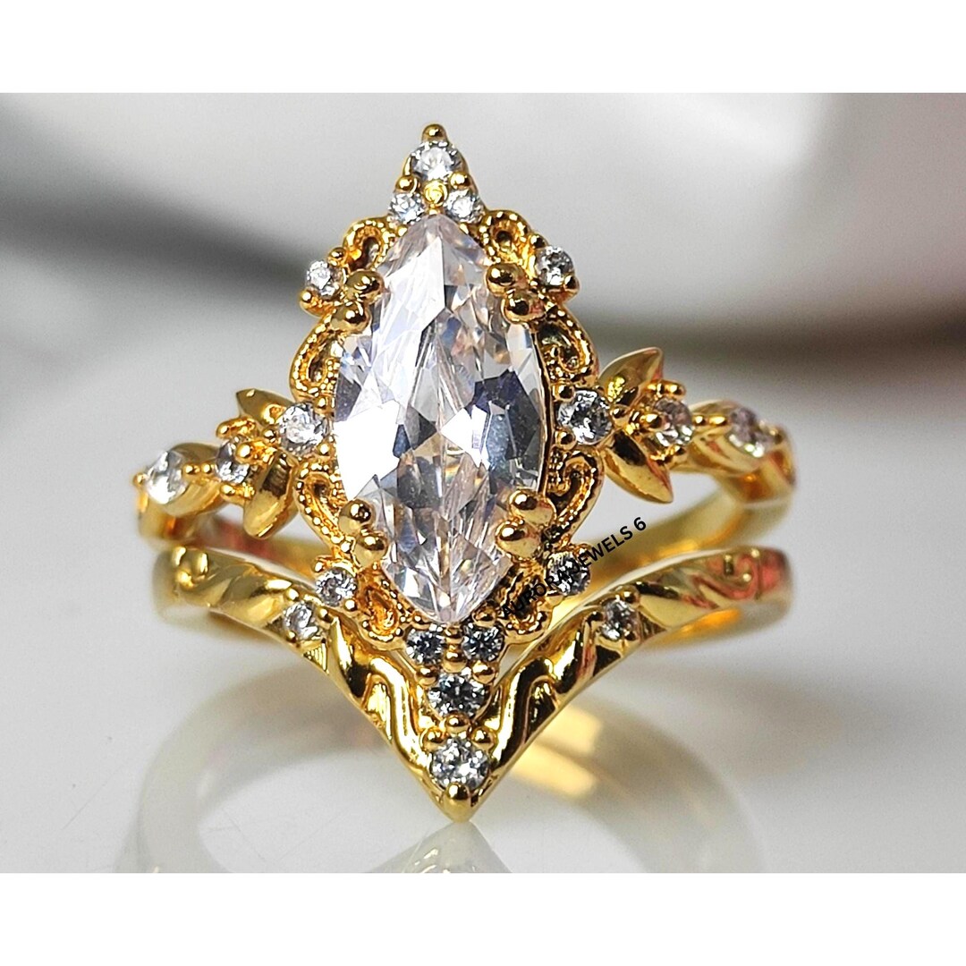 Vintage Marquise Engagement Ring Set 14K Yellow Gold Over - Art Deco ...