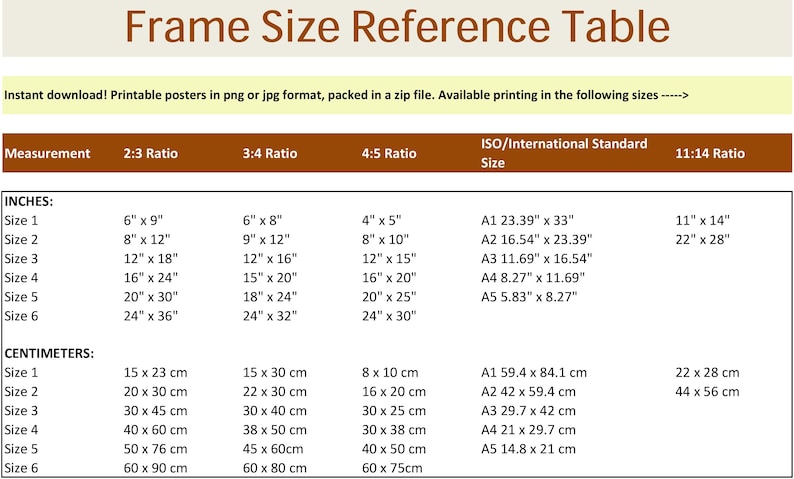 Puede incluir: Tabla de referencia de tama&ntilde;os de marcos con medidas en cent&iacute;metros y pulgadas. Incluye proporciones 2:3, 3:4, 4:5, ISO y 11:14. Los tama&ntilde;os var&iacute;an de 15 x 23 cm a 60 x 90 cm y de 6" x 8" a 24" x 36".