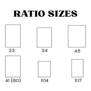 Puede incluir: Fondo blanco con el texto "RATIO SIZES" en negro. Se muestran seis formas rectangulares con diferentes relaciones de aspecto: 2:3, 3:4, 4:5, A1 (ISO), 11:14 y 11:17. La imagen es una gu&iacute;a de relaciones de aspecto.