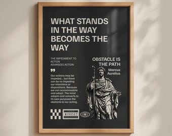 Marcus Aurelius Stoic Print, Obstacle Is The Path, Minimalist Motivational Poster, Black and White Artwork, Philosophy Wall Art
