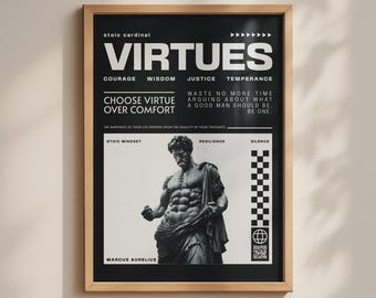 Marcus Aurelius Stoic Virtues Poster, Minimalist Motivational Print, Stoicism Philosophy Basics, Black White Wall Art
