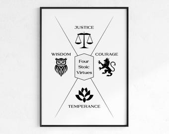 Four Stoic Virtues Poster, Stoic Philosophy Wall Art, Wisdom Courage Justice Temperance Print, Minimalist Virtue Decor