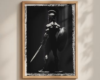 Spartan Warrior Stoic Print, Minimalist Industrial Poster, Motivational Wall Art, Black White Ancient Greek Fighter