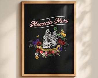 May include: A framed wall art print on a black background featuring a skull wearing a crown, surrounded by colorful flowers and a yellow banner with the text "LET US POSTPONE NOTHING". Above the skull, the text "Memento Mori" is written in white.
