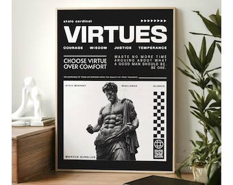 Póster de las virtudes estoicas de Marco Aurelio: Arte mural de filosofía estoica, descarga digital minimalista