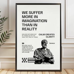 Seneca Quotes Philosophy Newspaper Poster, We Suffer More In Imagination Than In Reality, Stoic Print Quote, Printable Motivational Wall Art