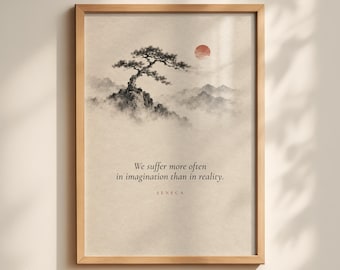 May include: A framed wall art print featuring a black ink wash style illustration of a lone tree on a rocky cliff amidst misty mountains and a red sun. The text reads: We suffer more often in imagination than in reality. SENECA.