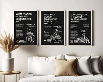 Stoic Philosophy Poster Set, Marcus Aurelius, Seneca, Zeno Quotes, Minimalist Black & White Digital Prints