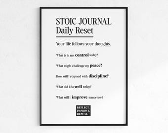 Stoic Journal Poster Daily Reset, Guided Reflection Print, Self Improvement Wall Art, Discipline Mindset Digital Download
