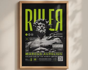 May include: A framed poster featuring a black and white bust of Marcus Aurelius with lime green text. The word RULER is at the top. Additional text includes MEDITATIONS, DISCIPLINE, 161-180 CE, and THE CALM AMIDST CHAOS. A QR code is visible in the bottom right corner.