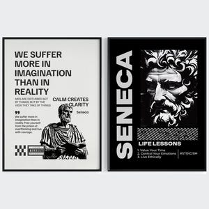 Puede incluir: Dos láminas enmarcadas. La lámina izquierda tiene el texto "WE SUFFER MORE IN IMAGINATION THAN IN REALITY" con una cita de Séneca y una ilustración. La lámina derecha presenta un retrato de Séneca y el texto "LIFE LESSONS".