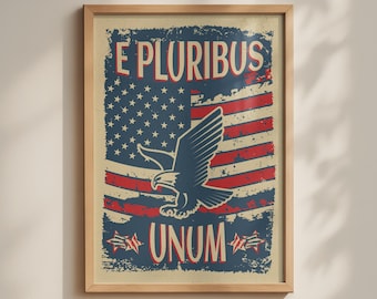 E Pluribus Unum Latin Quote Poster, Stoic Motivational Print, Vintage American Eagle Wall Art, Industrial Minimalist Navy Red Patriotic