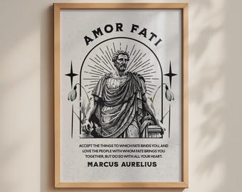 Marcus Aurelius Stoic Amor Fati Poster, Minimalist Black White Philosophy Print