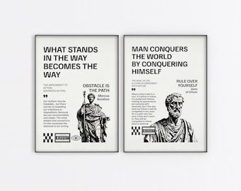 May include: Two framed art prints with black frames. The left print reads "WHAT STANDS IN THE WAY BECOMES THE WAY" with a quote by Marcus Aurelius and an illustration. The right print reads "MAN CONQUERS THE WORLD BY CONQUERING HIMSELF" with a quote by Zeno of Citium and an illustration.
