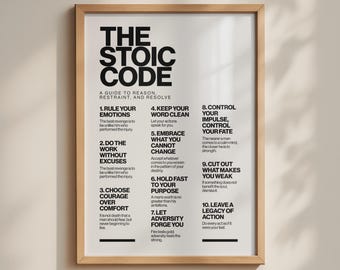 The Stoic Code Poster, Stoicism Print, Minimalist Motivational Wall Art, Industrial Black White, 10 Rules Inspirational Men's Decor