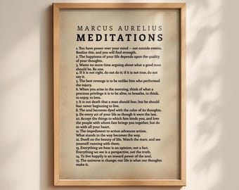 May include: A framed wall print featuring the text Marcus Aurelius Meditations followed by a numbered list of fifteen philosophical quotes printed in black ink on a light beige background with a simple wooden frame border.