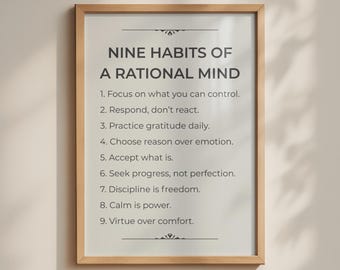 Stoic Nine Habits of a Rational Mind Poster, Stoicism Minimalist Print, Inspirational Industrial Wall Art, Black Cream Simple Quote