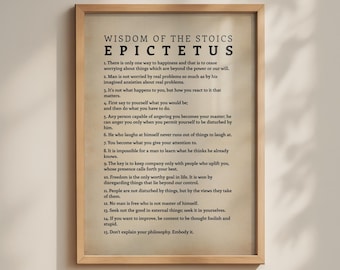 May include: A framed wall art print featuring the text Wisdom of the Stoics Epictetus followed by a numbered list of fifteen philosophical quotes printed in black ink on a light beige background with a simple wooden frame.