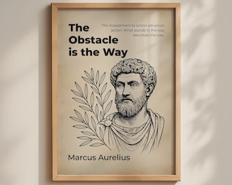 May include: A framed wall art print on a beige background featuring a black line drawing of Marcus Aurelius next to a leafy branch. The text reads: The Obstacle is the Way, The impediment to action advances action. What stands in the way becomes the way.