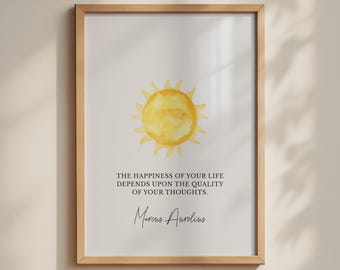 Marcus Aurelius Stoic Inspirational Poster, Happiness Quote Print, Minimalist Motivational Wall Art