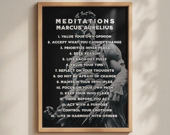 Marcus Aurelius Meditations Stoic Poster, 15 Rules Minimalist Print, Motivational Industrial Wall Art, Black White Philosophy